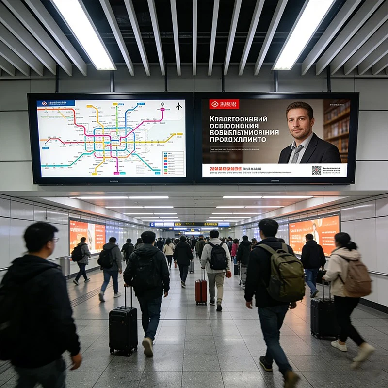 Wall LCD ad screens in subway station transit corridor commercial display