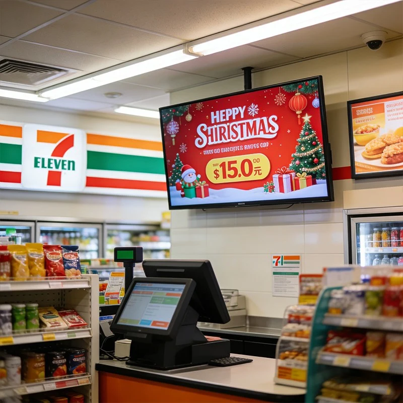 7-11 advertising display showing Christmas promotion
