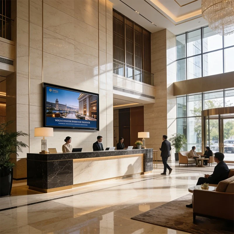 Wall mounted advertising screen at luxury hotel lobby reception desk
