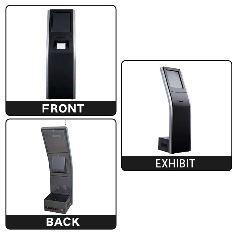 Sleek Curved Queue Kiosk: Black Self-Service Ticket Machine