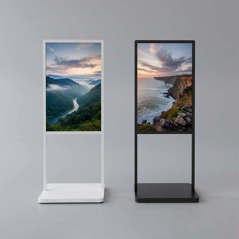 Customizable white and black metal enclosure for floor-standing advertising players
