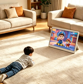 Young child happily interacts with the durable, battery-powered suitcase touchscreen at a child-friendly height.