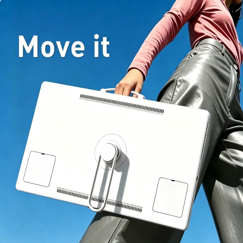 Ergonomic handle ensures comfortable, one-handed portability for the suitcase TV, designed for mobile entertainment.