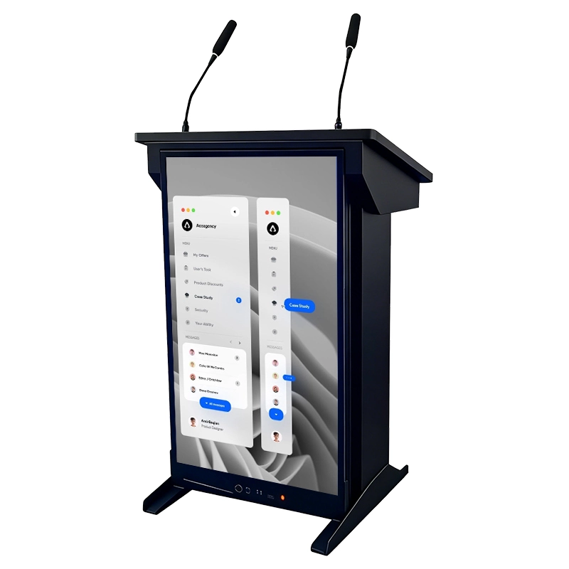Front view of a digital podium with integrated touchscreen displaying Copilot interface.