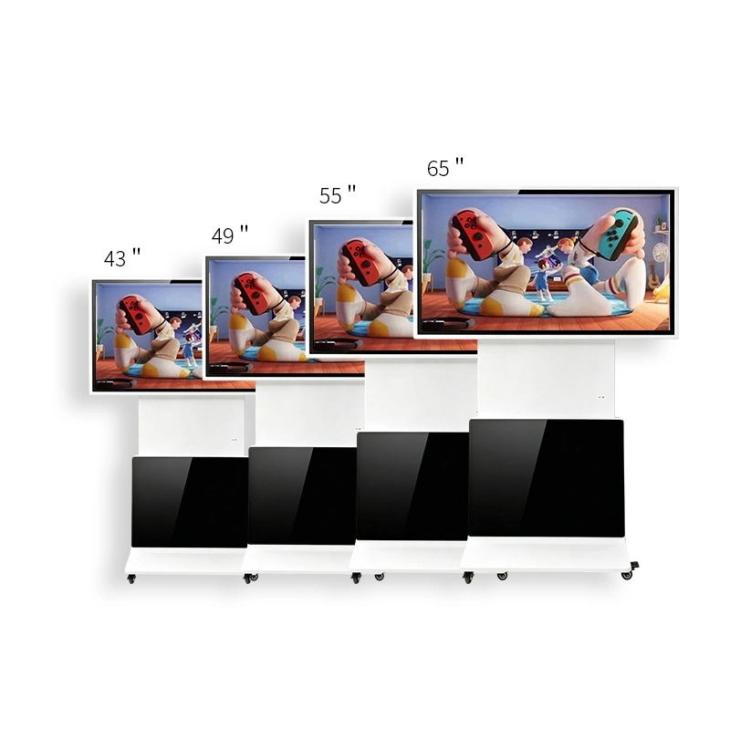 White mobile rotatable digital signage screens in four different sizes: 43