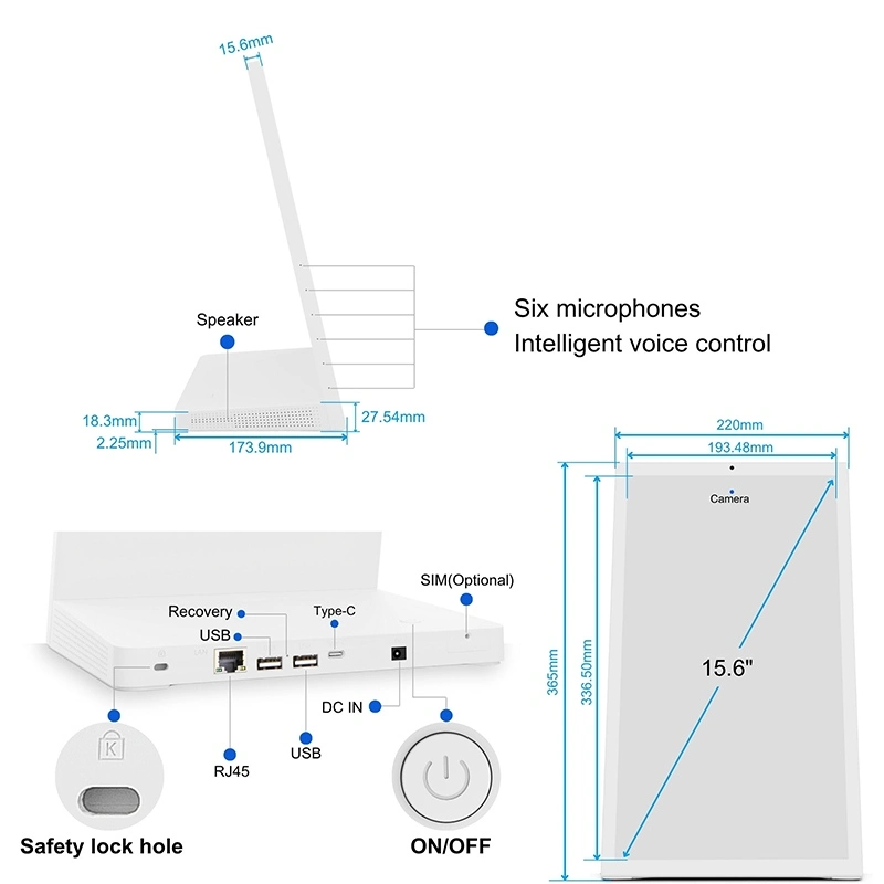 15.6-inch device with ports, dimensions, six microphones and complete interface details