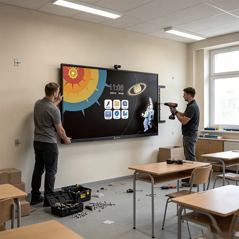 65 inch interactive whiteboard installed in small classroom within 4m room depth