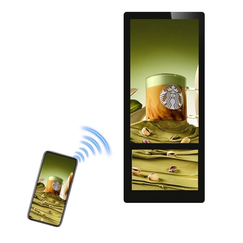 Phone wireless controlling Starbucks ad on dual-screen digital signage