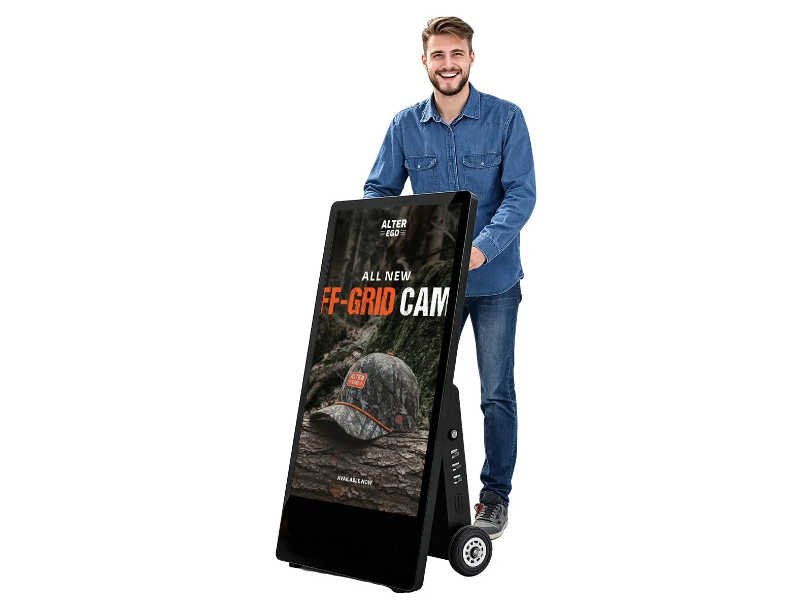 Qtenboard 1500nits battery powered outdoor portable digital signage a‑board with wheels