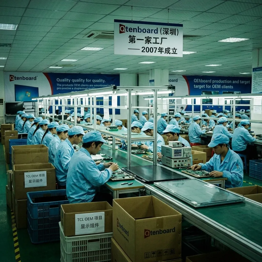 Workers on the first Qtenboard production line in Shenzhen, 2007, producing display components for OEM clients including TCL.