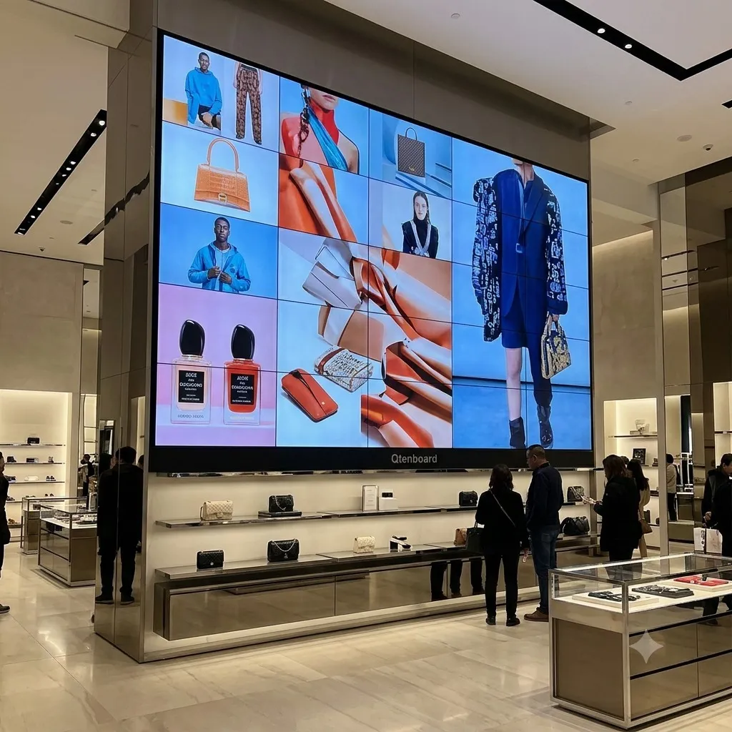 Qtenboard ultra‑narrow bezel LCD video wall deployed in a global brand retail flagship store, showing seamless tiled display across a full product showcase wall.