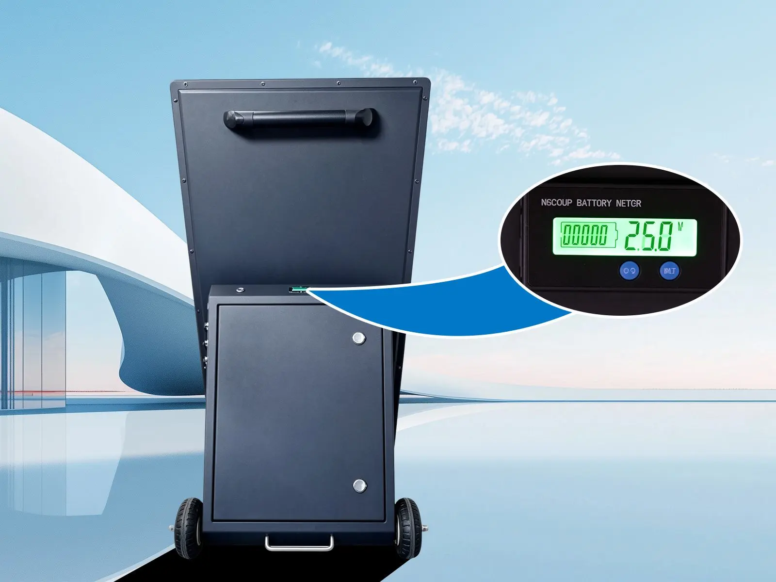 Qtenboard real‑time battery level indicator meter on wheeled outdoor digital a‑board
