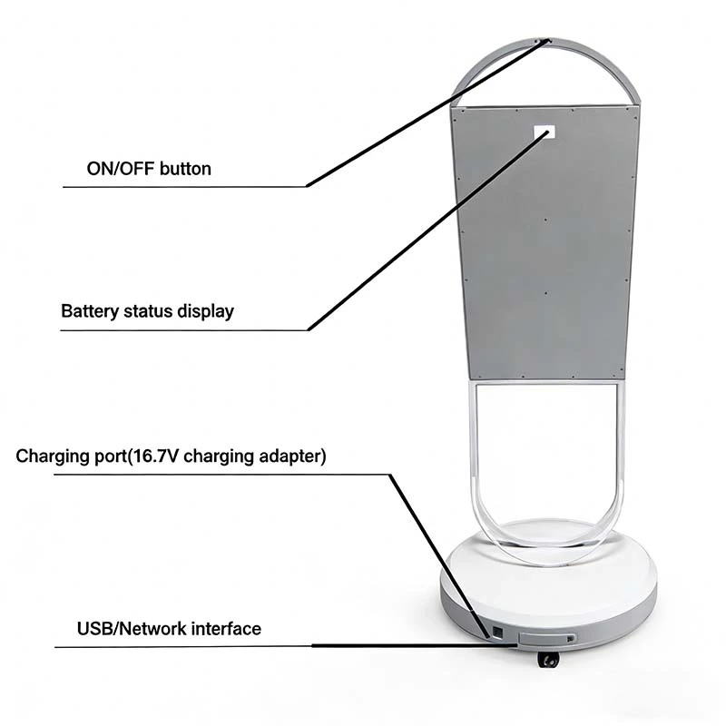 Back view structure diagram of rechargeable vertical digital signage, showing power button, battery indicator, charging port and USB network interface