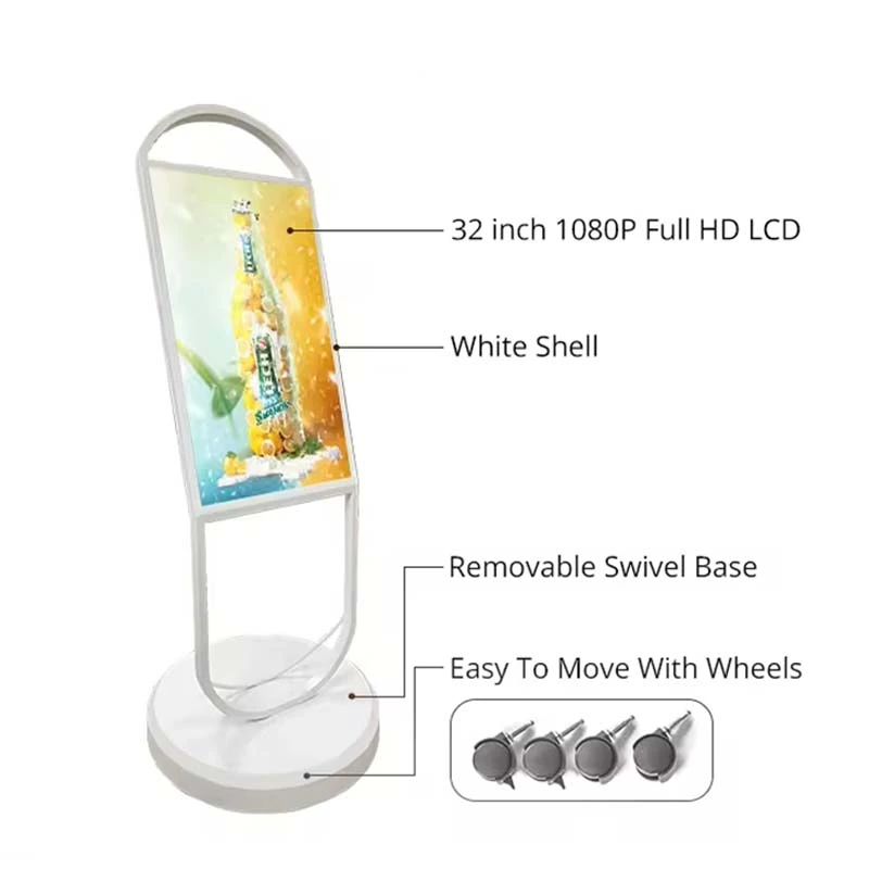 32inch 1080P battery vertical digital signage with wheeled swivel base, white shell portable touch advertising display product feature diagram