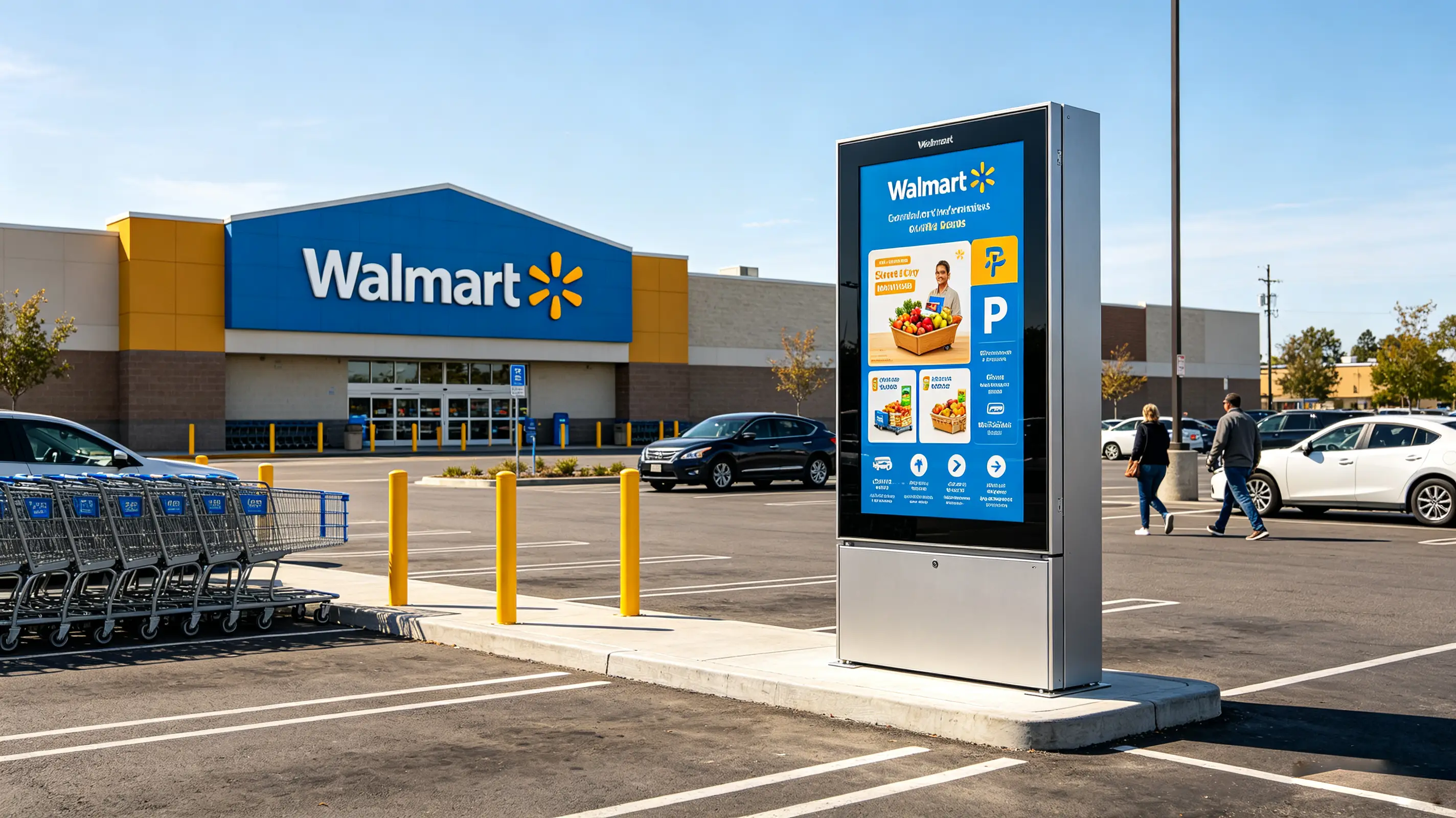Floor standing outdoor digital signage installed in retail parking lot all season use case