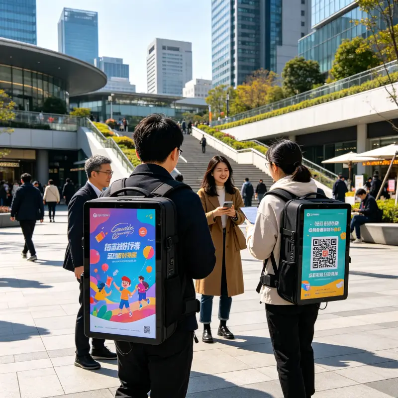 Pop-up shop backpack mobile signage scene