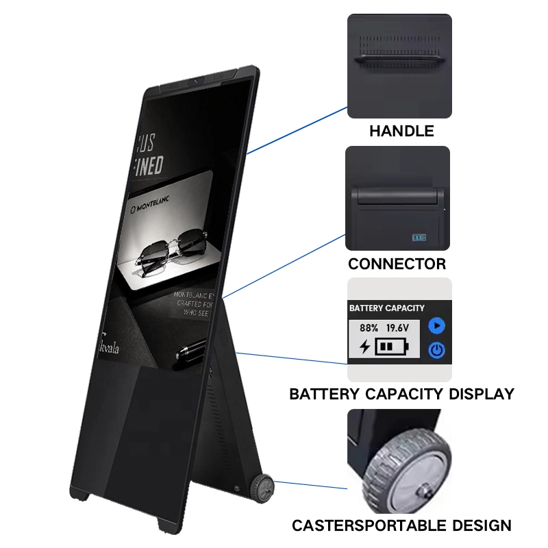 Qtenboard portable digital A‑board close‑up details handle battery indicator caster connector outdoor advertising screen