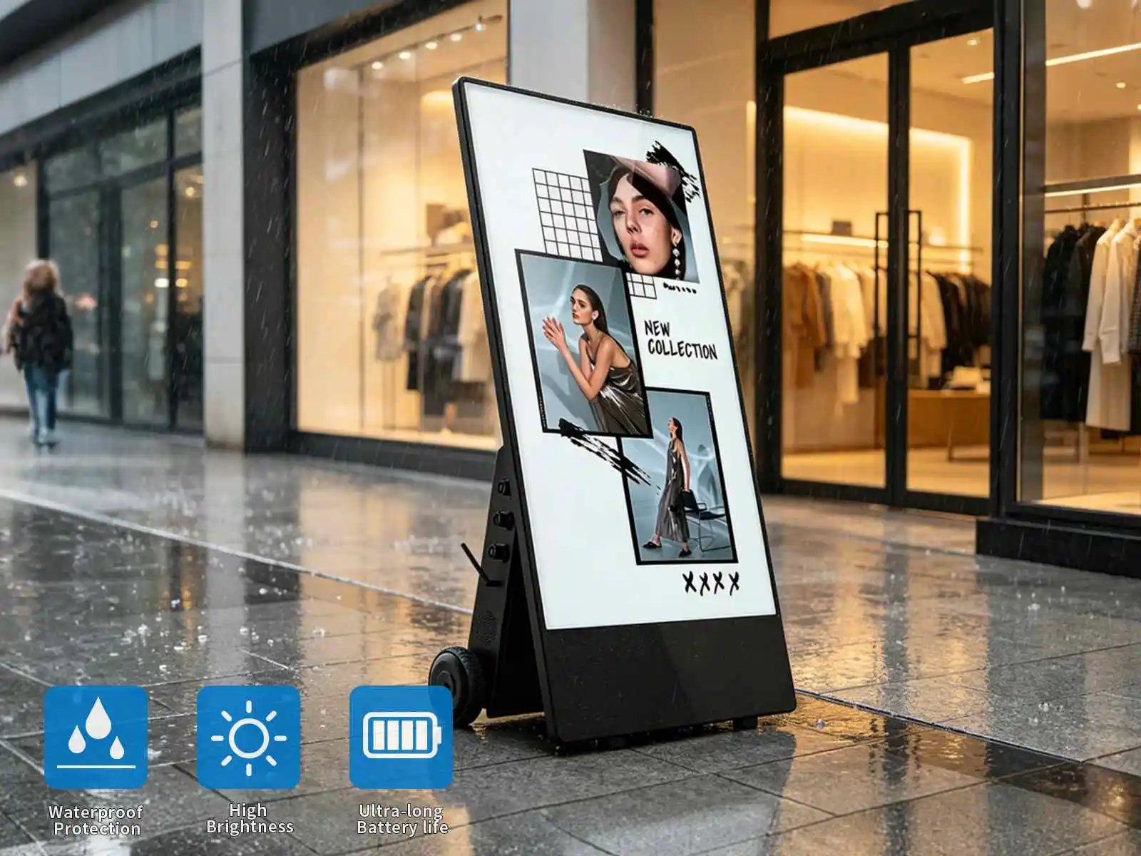 Qtenboard waterproof outdoor portable digital signage working on rainy street