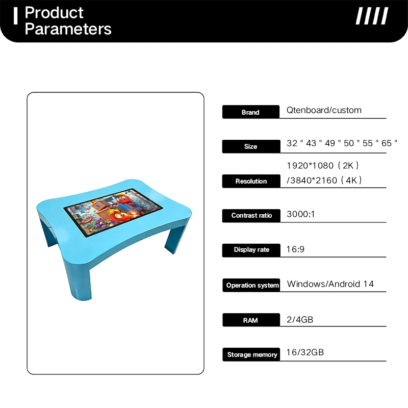 Qtenboard interactive touch screen table with product parameters including 32-65 inch size and 2K/4K resolution.