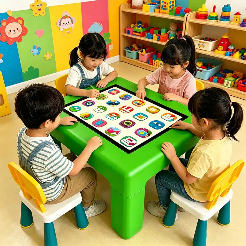Four young children sitting around a green interactive smart touch table playing educational games in a classroom.