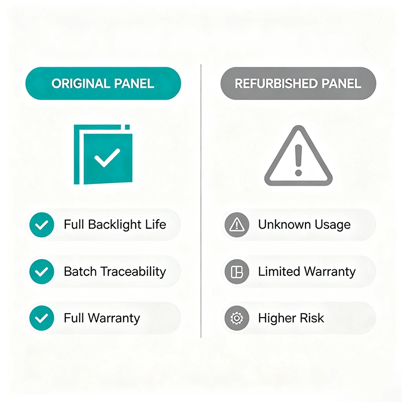 Original brand new LCD panel vs recycled refurbished panel comparison for commercial interactive whiteboard warranty backlight lifespan traceability