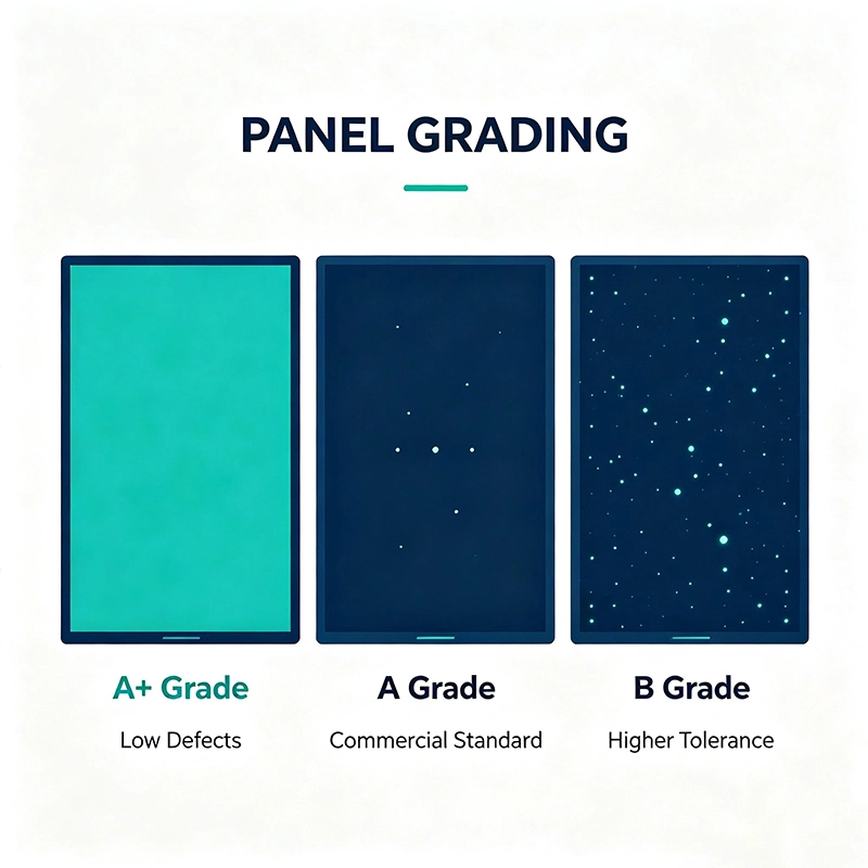 A+ A B Grade LCD Panel comparison chart for commercial interactive flat panel IFPD dead pixel brightness uniformity Delta E