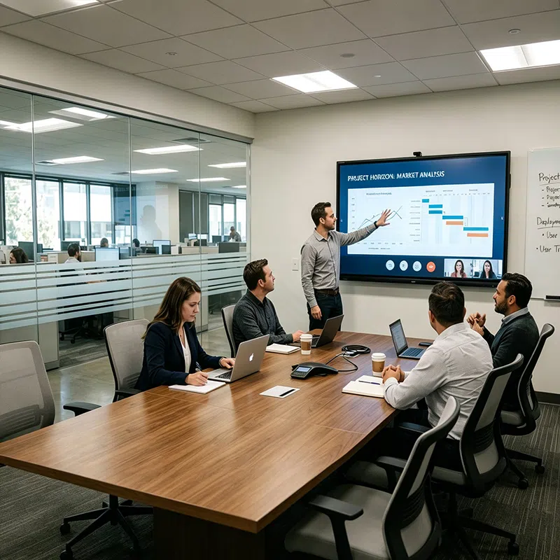 Team leader presenting market analysis chart on interactive smart whiteboard during boardroom meeting in America office