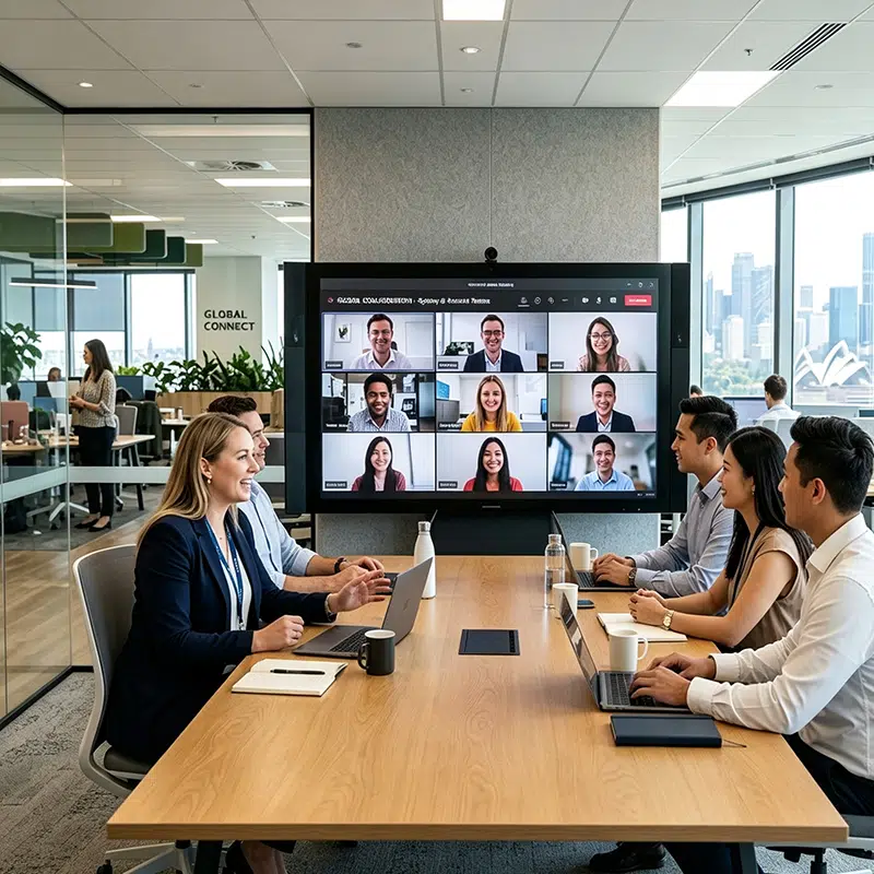 Staff conducting hybrid video conference on interactive smart whiteboard in Sydney enterprise collaboration center