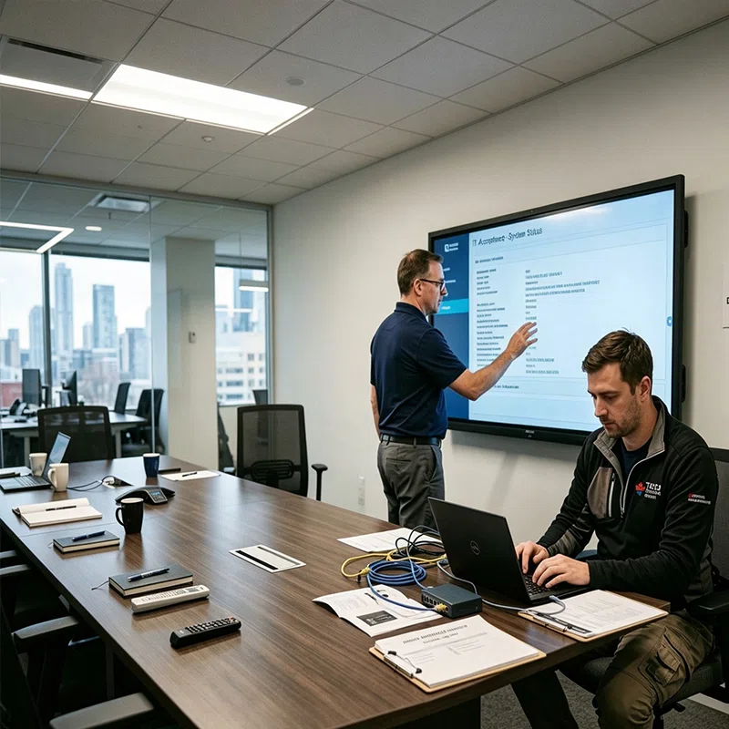 IT team briefing system solution on interactive smart whiteboard in Toronto corporate office meeting room
