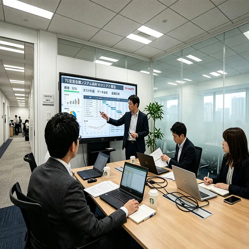 Business presentation using interactive smart whiteboard inside Tokyo enterprise smart meeting room