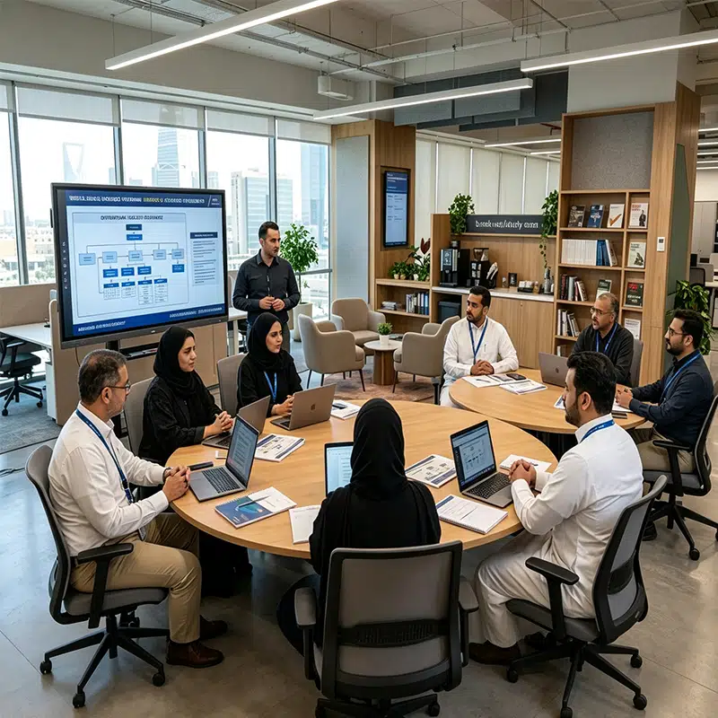 Roundtable business meeting using interactive smart whiteboard for Riyadh enterprise digital transformation project