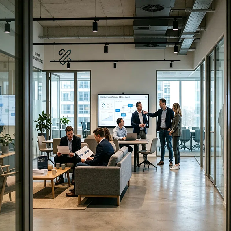 Team brainstorm meeting with interactive smart whiteboard in open lounge of Amsterdam European headquarters