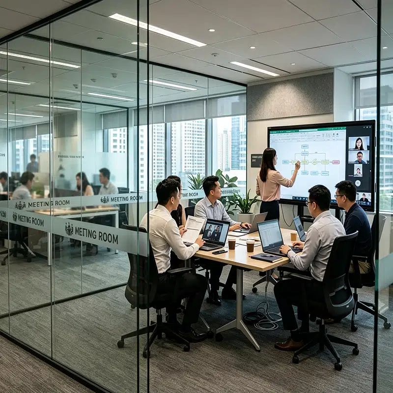 Office team holding online video conference using interactive smart whiteboard in Singapore glass meeting room