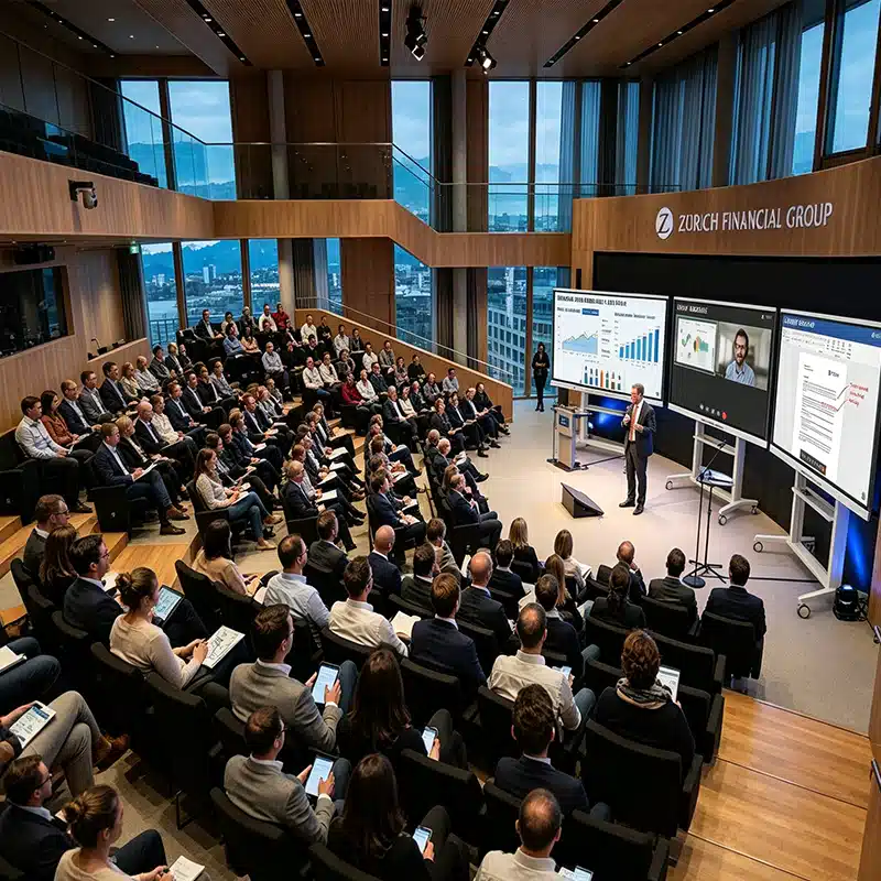 Large conference auditorium equipped with interactive smart whiteboard for Zurich financial group project
