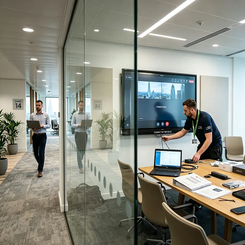Interactive smart whiteboard installation and debugging scene for London financial company meeting spaces project
