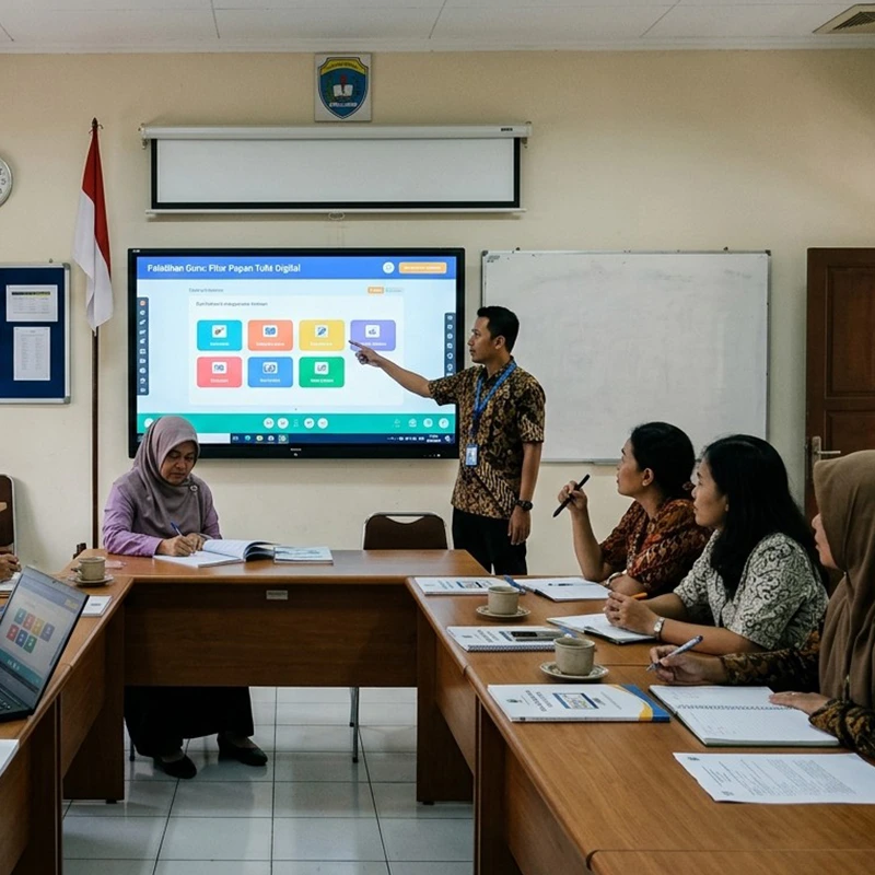 Teacher training workshop with interactive flat panel in university lecture hall, Jakarta, Indonesia