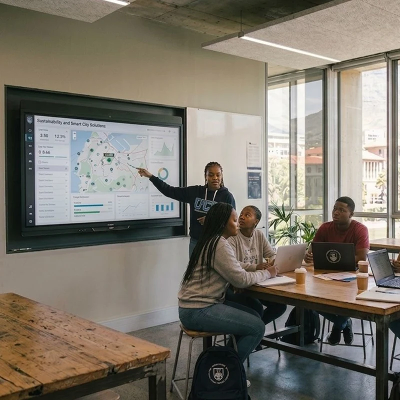 University seminar discussion using multi-touch display at training institute in Cape Town, South Africa