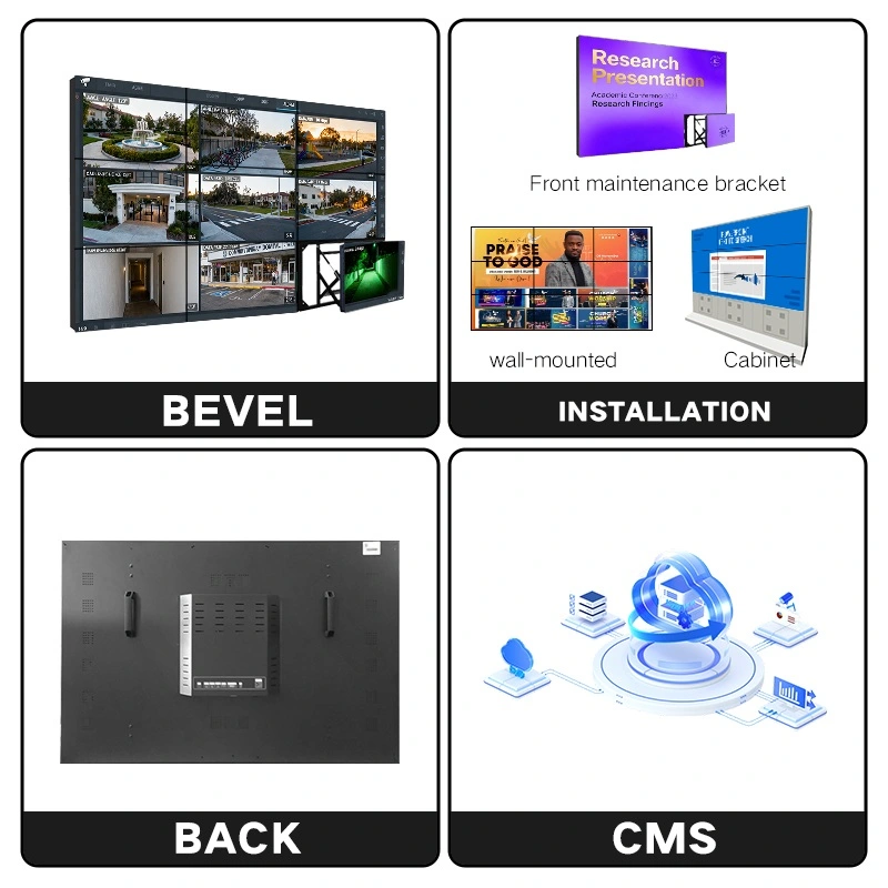 LCD video wall core features introduction including narrow bezel, installation solution, back structure and CMS cloud management system