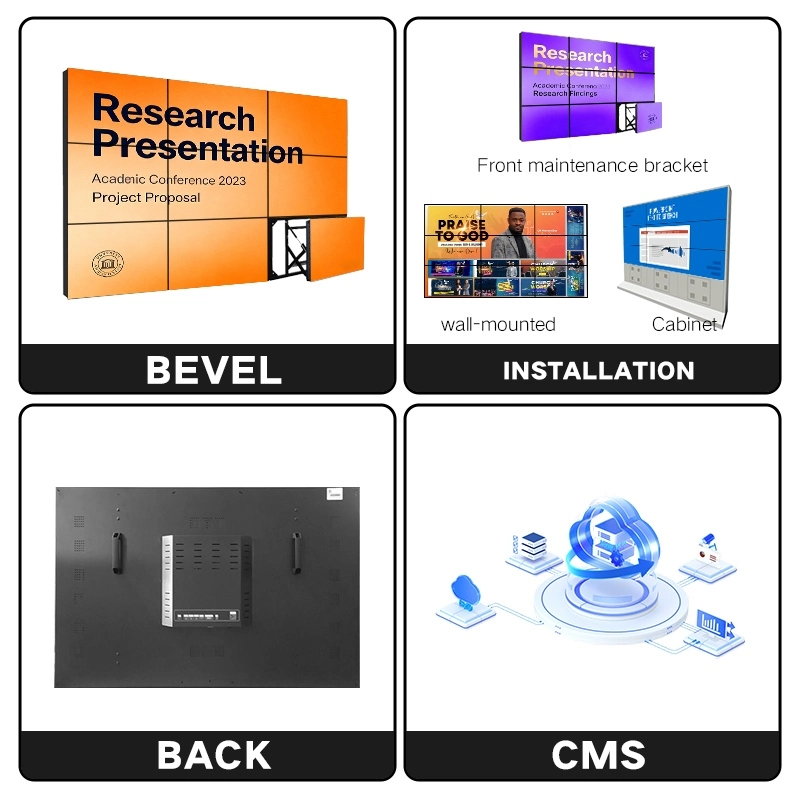LCD video wall introduction including bezel design, back panel, installation and CMS management system