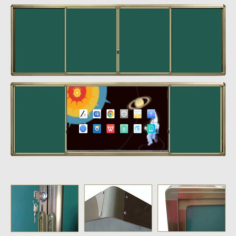 Qtenboard sliding green board with interactive flat panel installed, classroom double sliding chalkboard hardware closeup