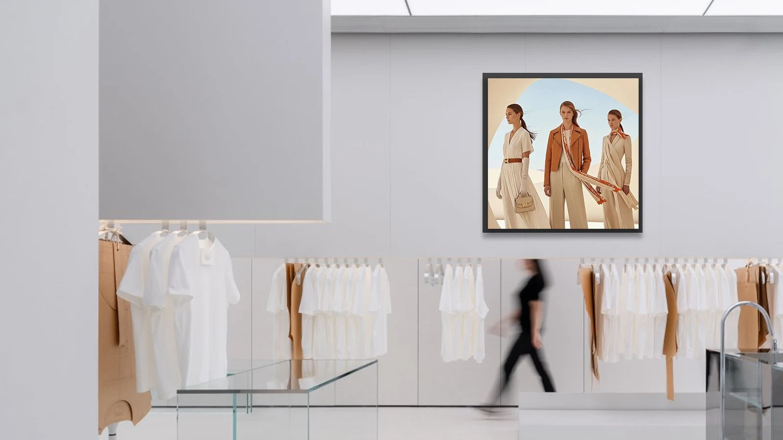 Square lcd digital signage installed inside retail clothing shop