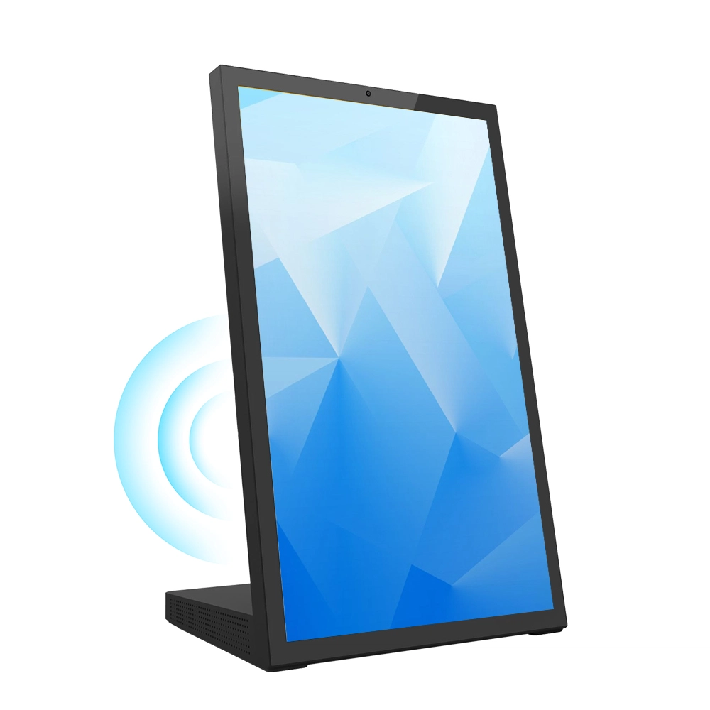 All-in-one desktop smart retail signage kiosk with built-in camera and dual speakers front view