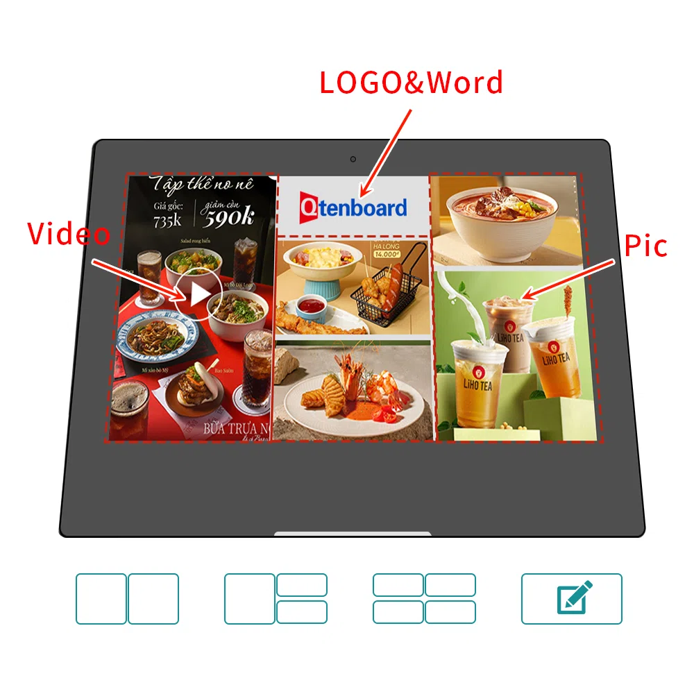 Multi split screen advertising mode layout demonstration with video and graphics on one terminal