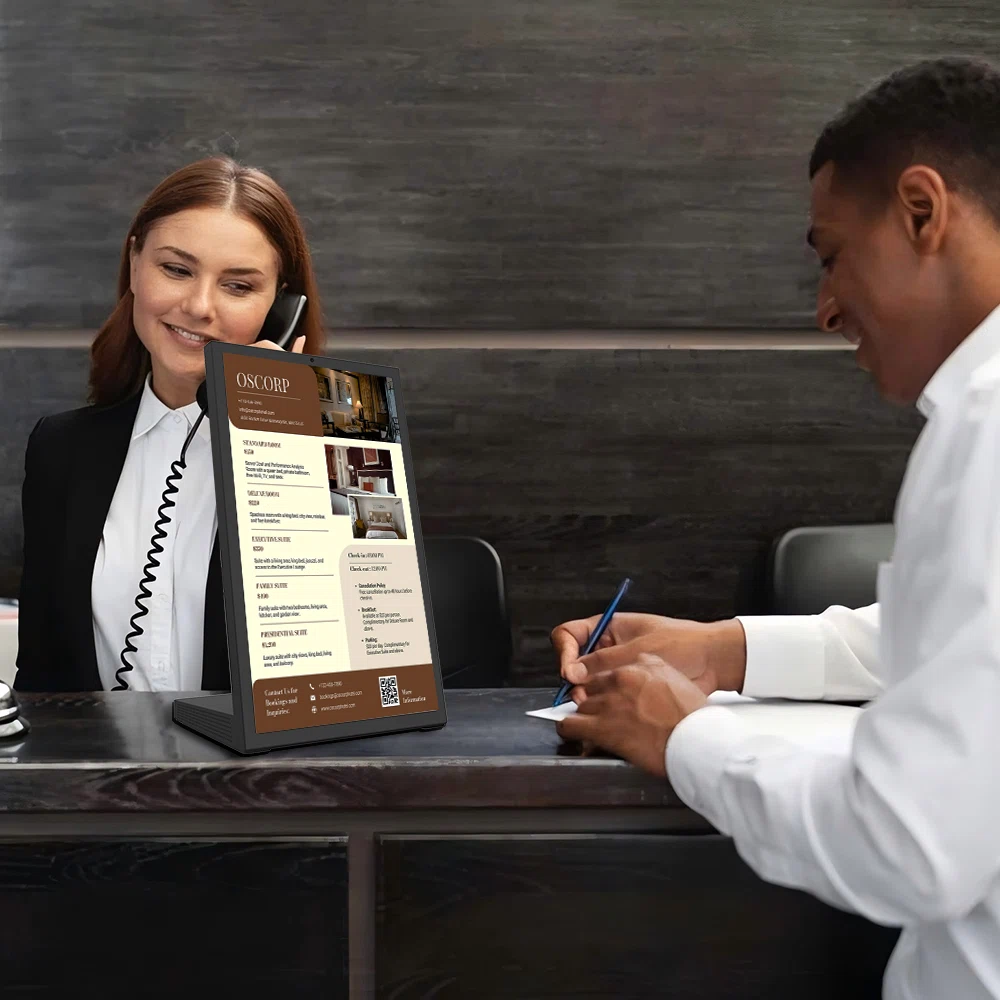 Qtenboard smart interactive desktop terminal deployed at luxury hotel reception desk for self check-in