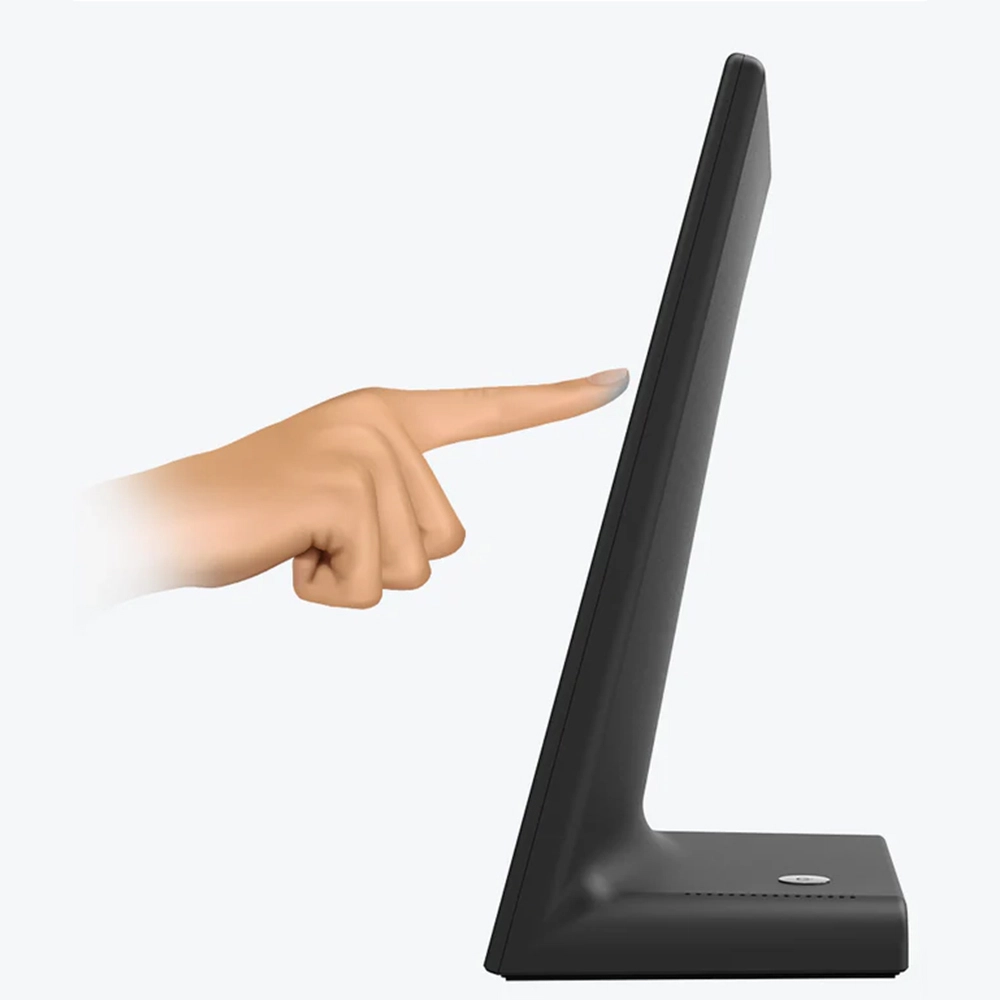 Ergonomic L-shaped commercial countertop interactive touch terminal side view