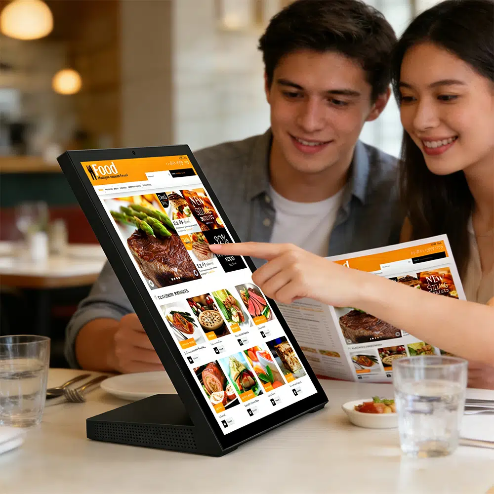 Qtenboard countertop digital signage showcasing visual menu ordering terminal in quick service restaurant