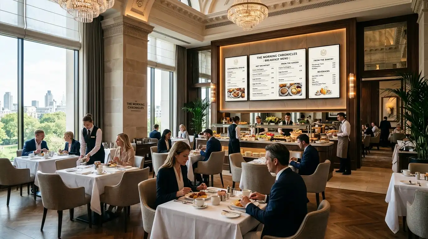 Hotel restaurant dining area with digital menu board displaying breakfast menu