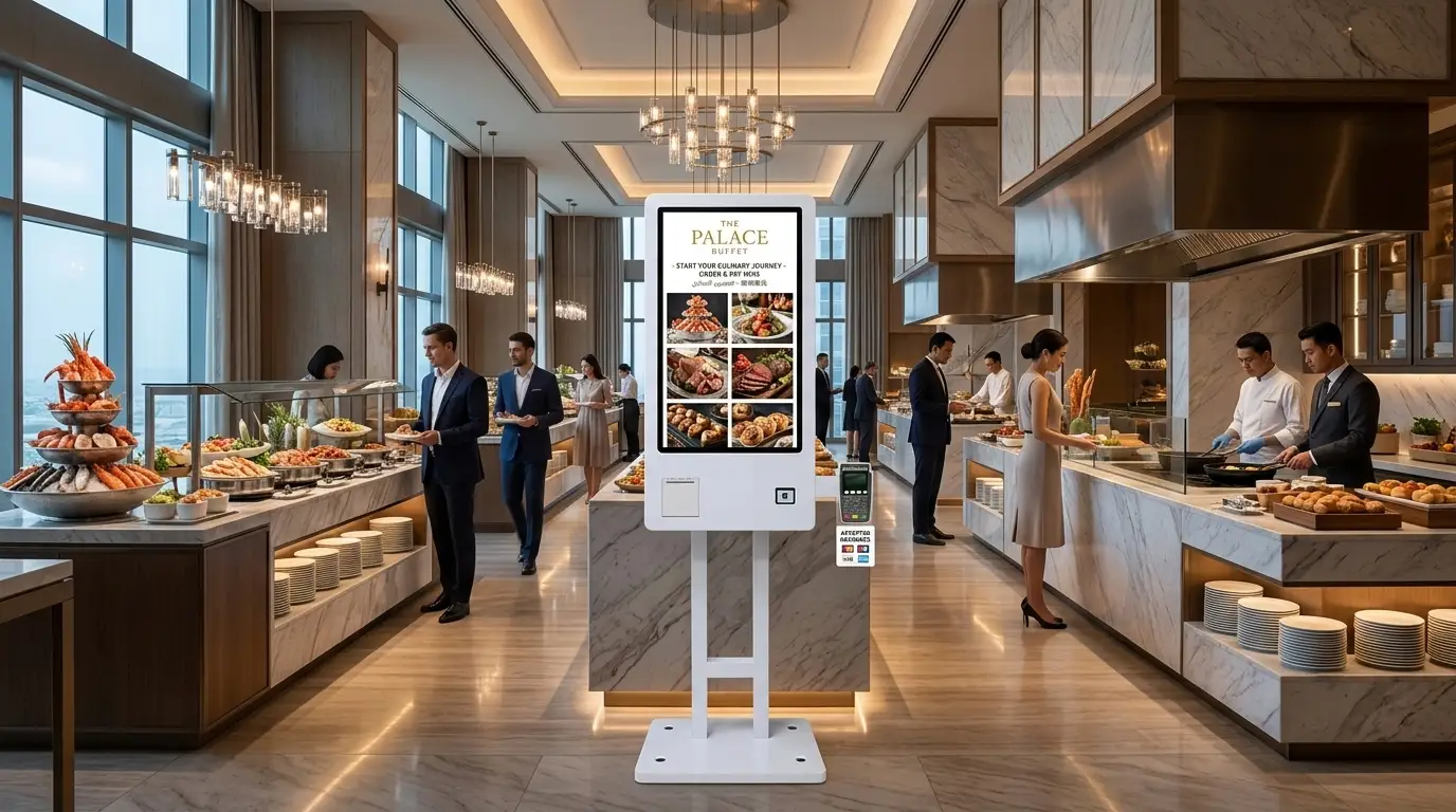 Self-service ordering kiosk installed in hotel restaurant self-service area