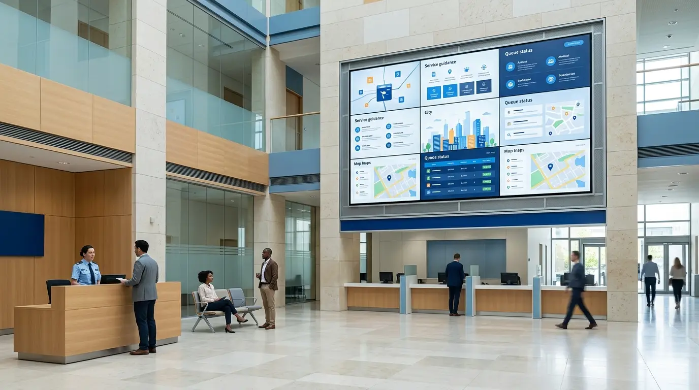 Commercial LCD video wall installed in a modern government public-service hall for multilingual information display and visitor guidance