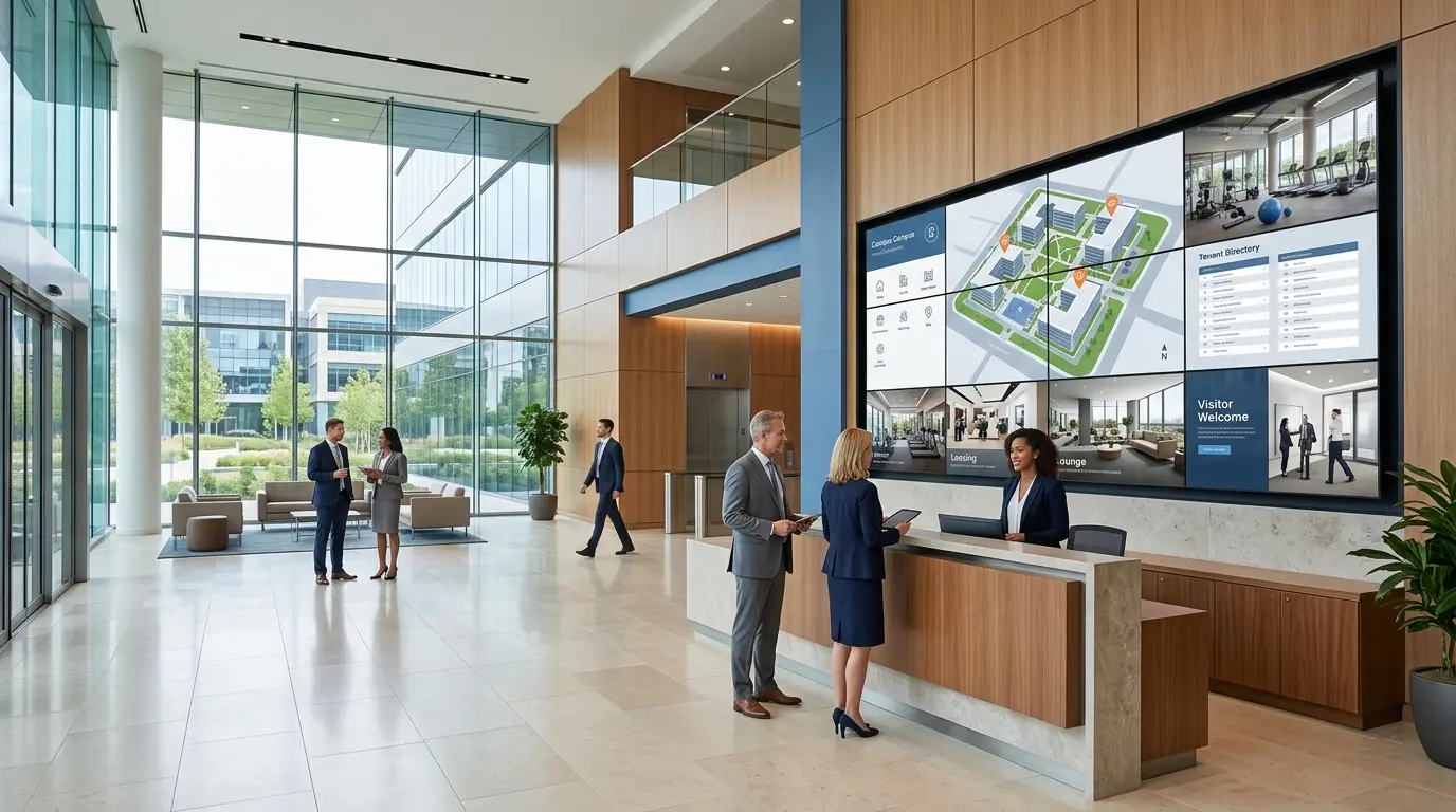 Commercial LCD video wall in a modern business park office lobby for property branding, leasing presentations, visitor welcome messages, and digital wayfinding